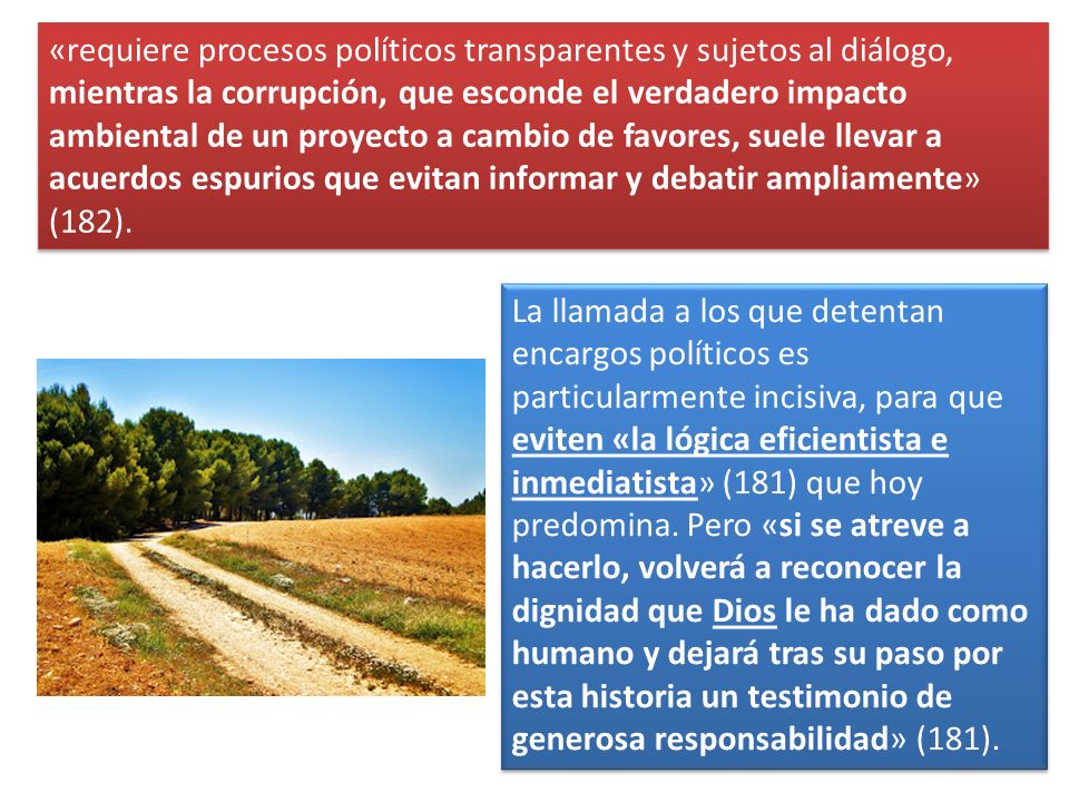 «requiere procesos políticos transparentes y sujetos al diálogo, mientras la corrupción, que esconde el verdadero impacto ambiental de un proyecto a cambio de favores, suele llevar a acuerdos espurios que evitan informar y debatir ampliamente» (182).