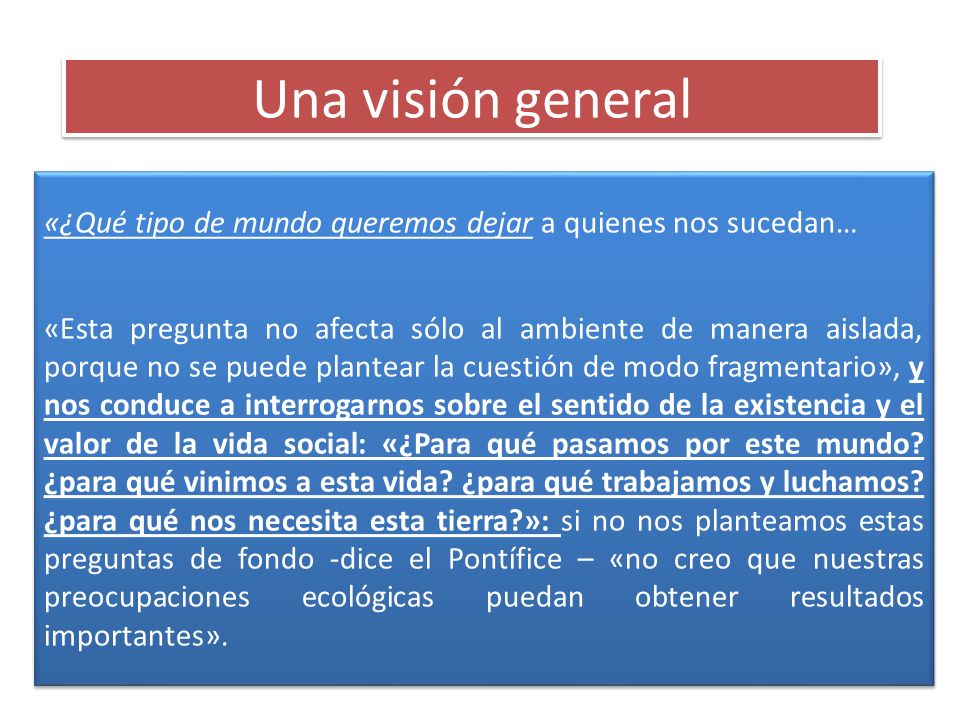 Una visión general «¿Qué tipo de mundo queremos dejar a quienes nos sucedan…