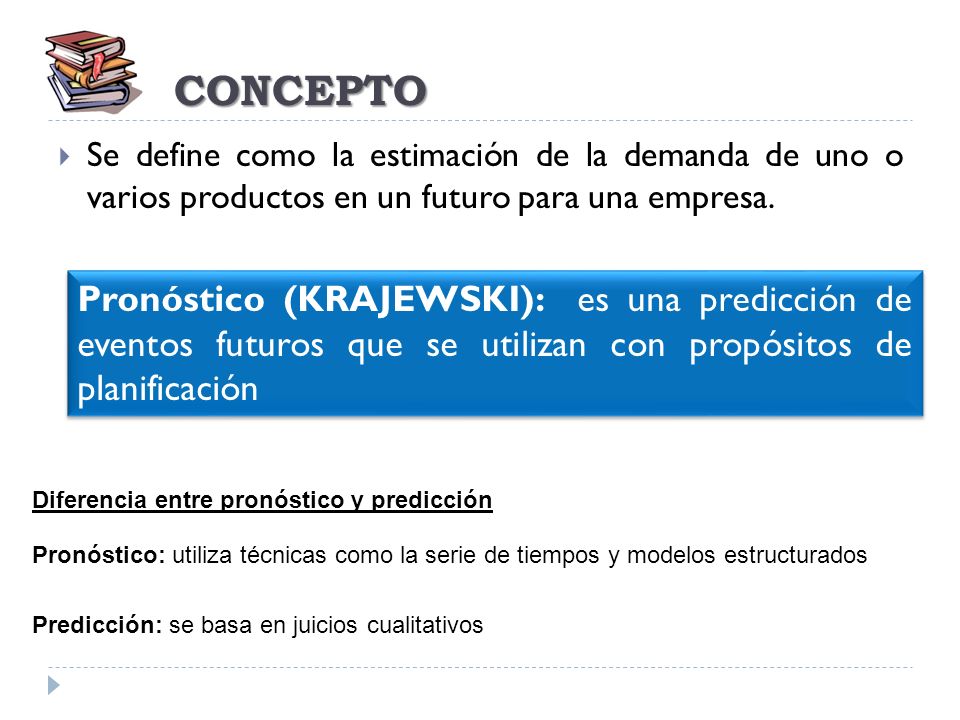 CONCEPTO Se define como la estimación de la demanda de uno o varios productos en un futuro para una empresa.