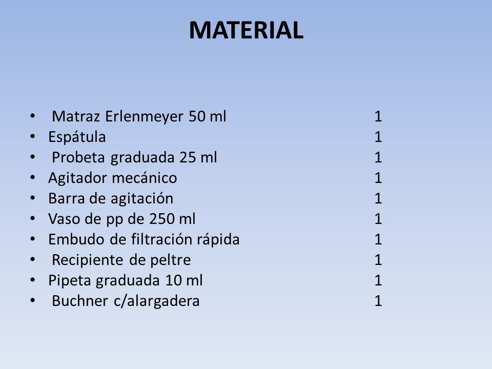 MATERIAL Matraz Erlenmeyer 50 ml 1 Espátula 1 Probeta graduada 25 ml 1