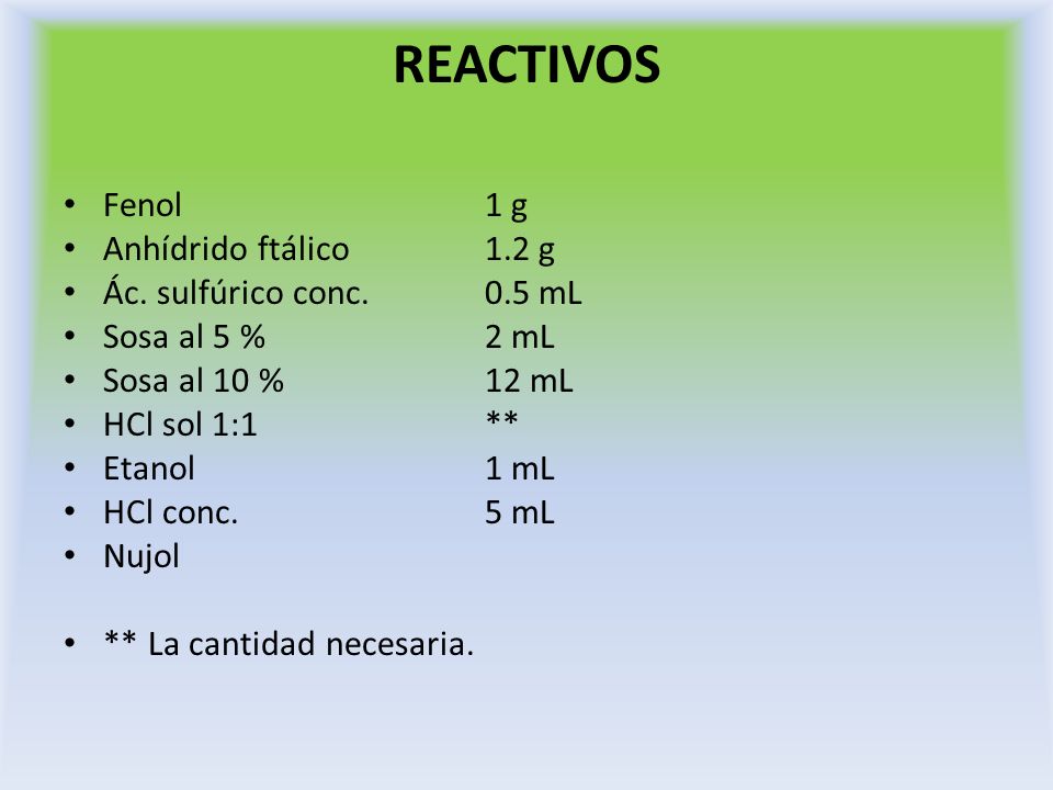 REACTIVOS Fenol 1 g Anhídrido ftálico 1.2 g Ác. sulfúrico conc. 0.5 mL
