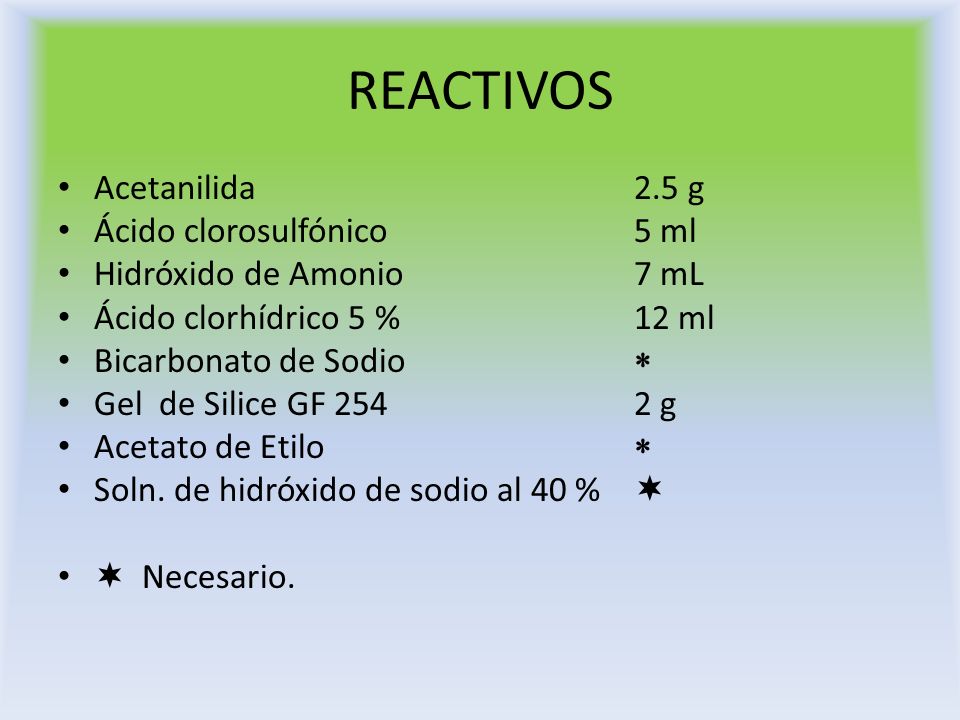 REACTIVOS Acetanilida 2.5 g Ácido clorosulfónico 5 ml