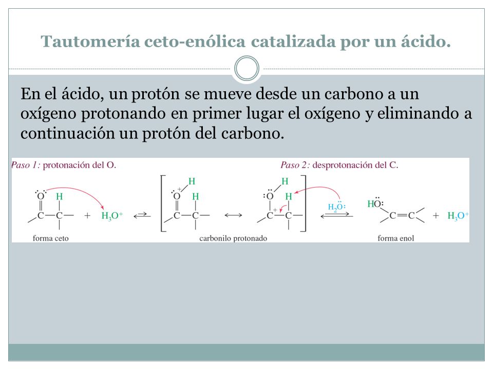 Tautomería ceto-enólica catalizada por un ácido.