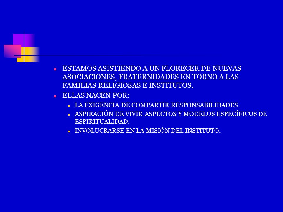 ESTAMOS ASISTIENDO A UN FLORECER DE NUEVAS ASOCIACIONES, FRATERNIDADES EN TORNO A LAS FAMILIAS RELIGIOSAS E INSTITUTOS.