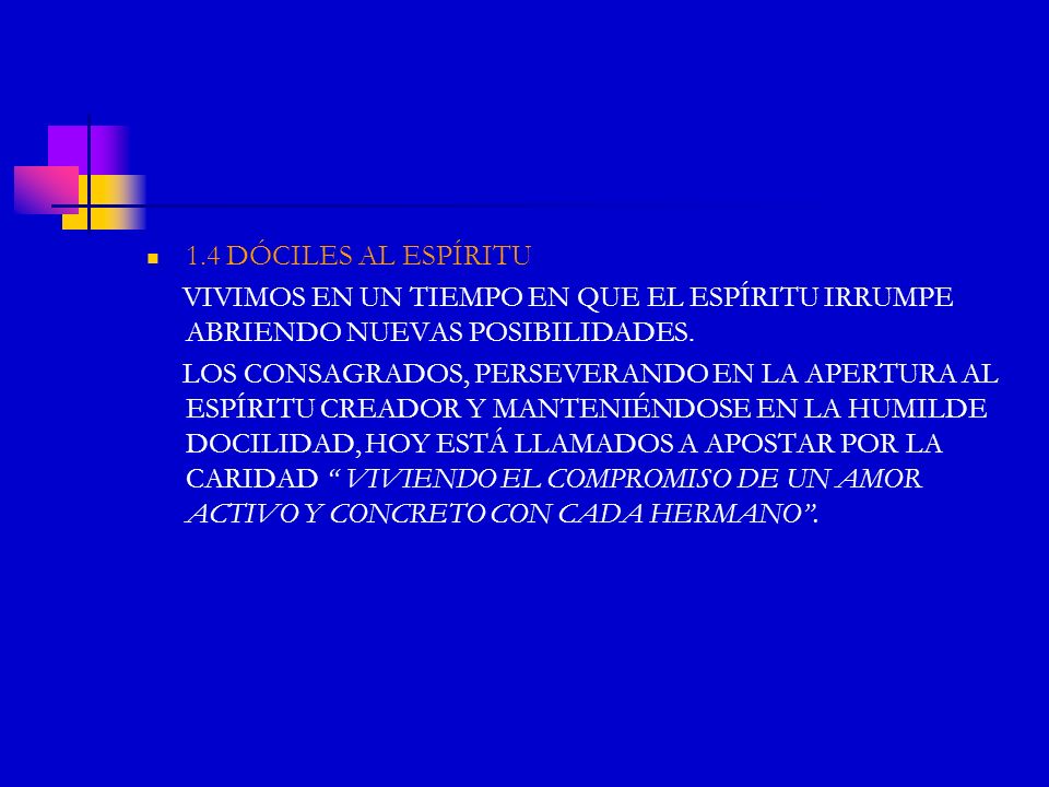 1.4 DÓCILES AL ESPÍRITU VIVIMOS EN UN TIEMPO EN QUE EL ESPÍRITU IRRUMPE ABRIENDO NUEVAS POSIBILIDADES.