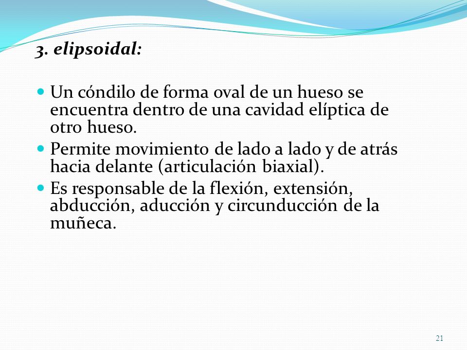 3. elipsoidal: Un cóndilo de forma oval de un hueso se encuentra dentro de una cavidad elíptica de otro hueso.