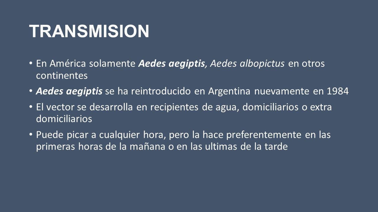 TRANSMISION En América solamente Aedes aegiptis, Aedes albopictus en otros continentes.