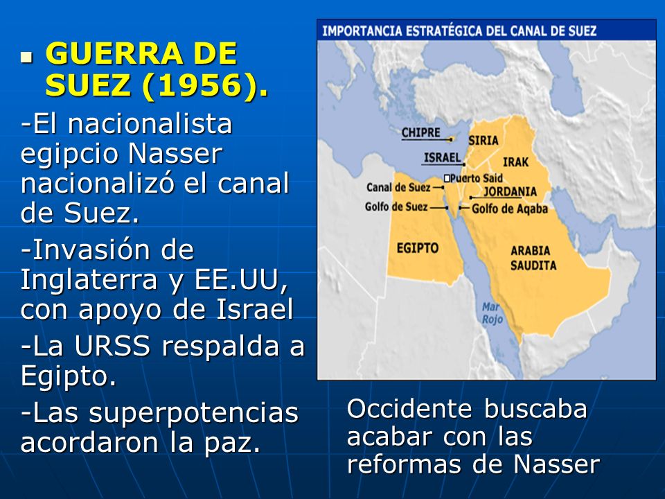 GUERRA DE SUEZ (1956). -El nacionalista egipcio Nasser nacionalizó el canal de Suez. -Invasión de Inglaterra y EE.UU, con apoyo de Israel.