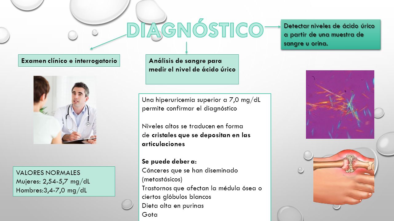 DIAGNÓSTICO Detectar niveles de ácido úrico a partir de una muestra de sangre u orina. Examen clínico e interrogatorio.