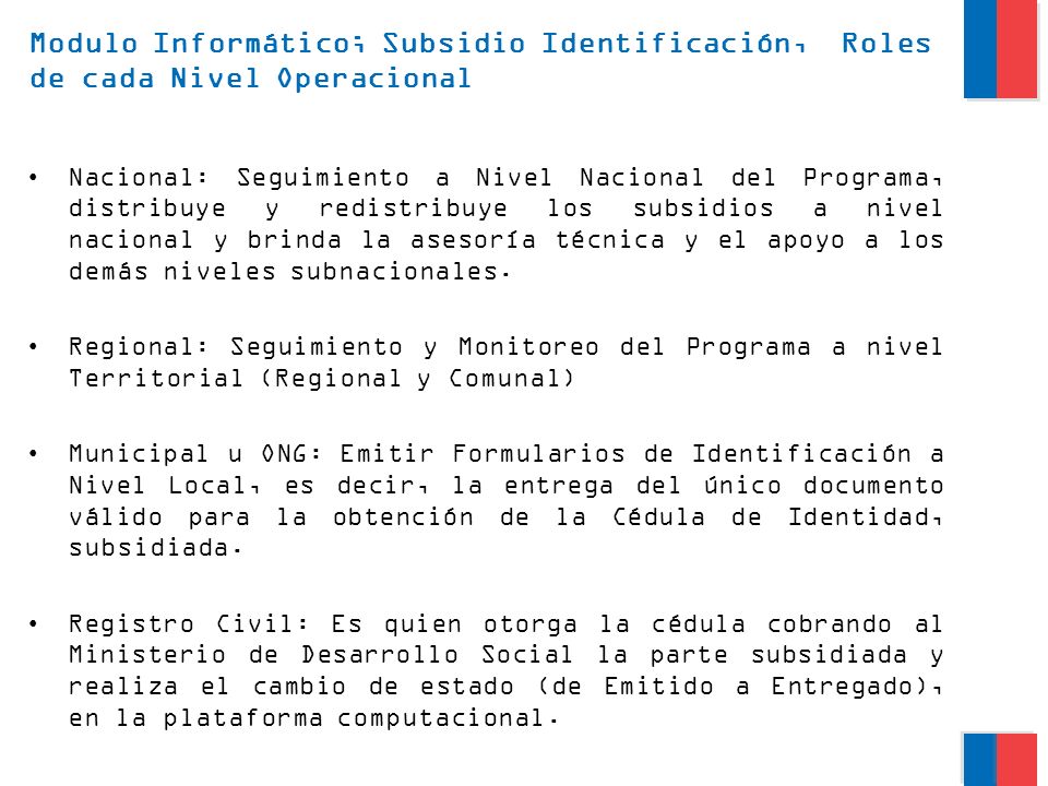 Modulo Informático; Subsidio Identificación, Roles de cada Nivel Operacional