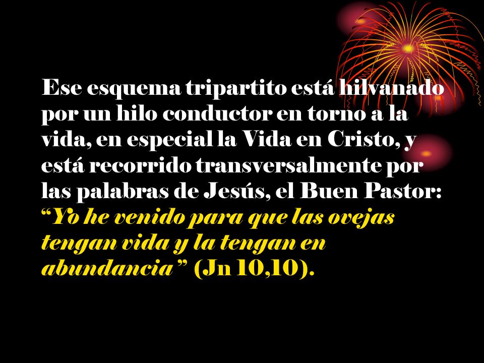 Ese esquema tripartito está hilvanado por un hilo conductor en torno a la vida, en especial la Vida en Cristo, y está recorrido transversalmente por las palabras de Jesús, el Buen Pastor: Yo he venido para que las ovejas tengan vida y la tengan en abundancia (Jn 10,10).