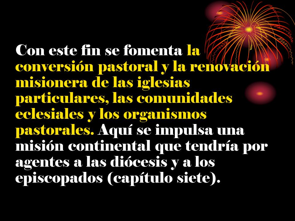 Con este fin se fomenta la conversión pastoral y la renovación misionera de las iglesias particulares, las comunidades eclesiales y los organismos pastorales.