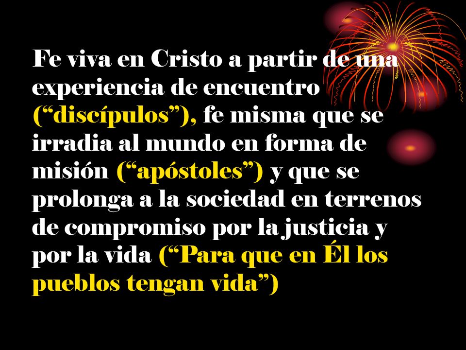 Fe viva en Cristo a partir de una experiencia de encuentro ( discípulos ), fe misma que se irradia al mundo en forma de misión ( apóstoles ) y que se prolonga a la sociedad en terrenos de compromiso por la justicia y por la vida ( Para que en Él los pueblos tengan vida )