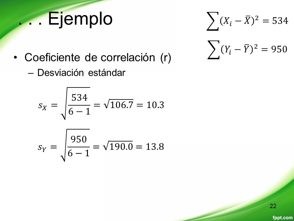 . . . Ejemplo Coeficiente de correlación (r) 𝑋 𝑖 − 𝑋 2 =534