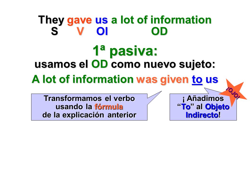 1ª pasiva: They gave us a lot of information S V OI OD