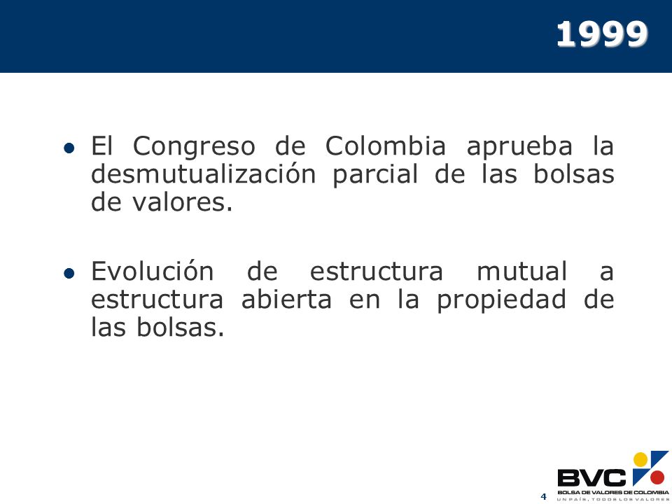 1999 El Congreso de Colombia aprueba la desmutualización parcial de las bolsas de valores.
