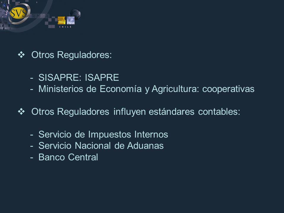 Otros Reguladores: - SISAPRE: ISAPRE. - Ministerios de Economía y Agricultura: cooperativas. Otros Reguladores influyen estándares contables: