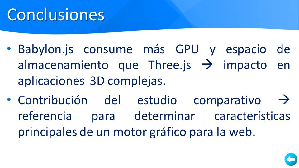 Conclusiones Babylon.js consume más GPU y espacio de almacenamiento que Three.js  impacto en aplicaciones 3D complejas.