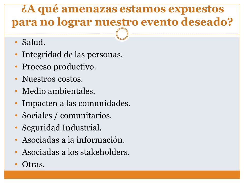 ¿A qué amenazas estamos expuestos para no lograr nuestro evento deseado