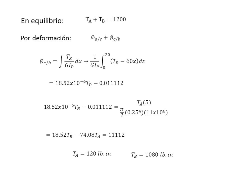 En equilibrio: Por deformación: T A + T B =1200 ∅ 𝑎/𝑐 + ∅ 𝑐/𝑏