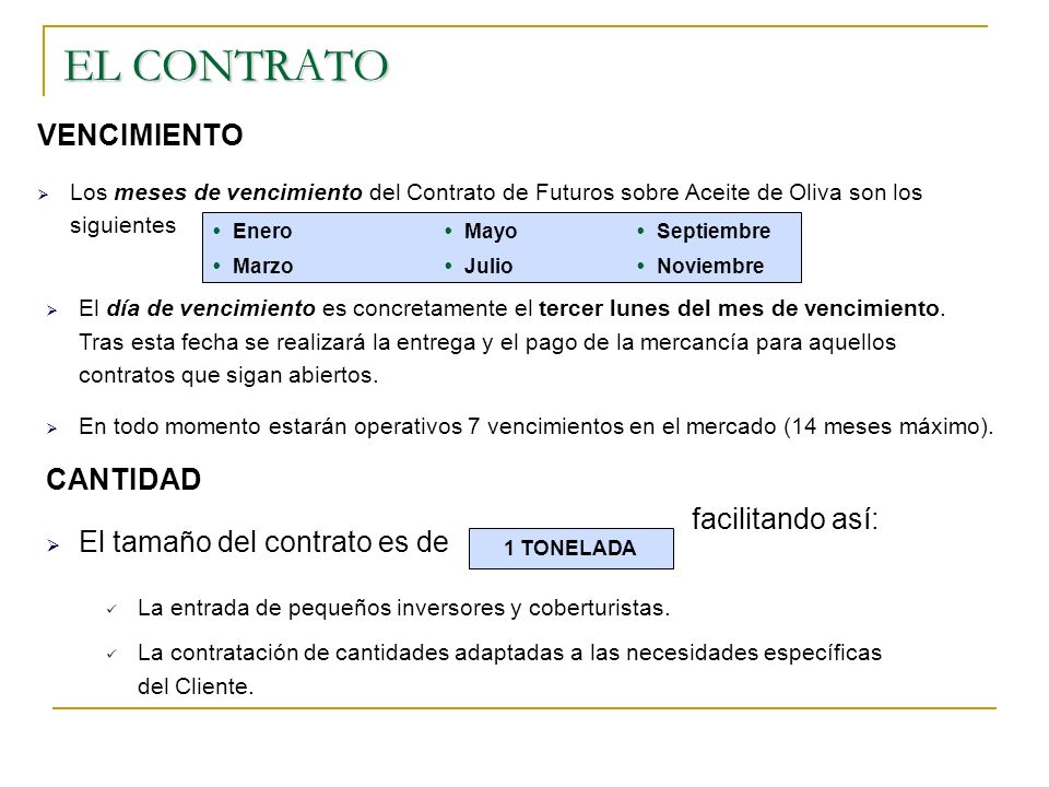 EL CONTRATO VENCIMIENTO CANTIDAD El tamaño del contrato es de