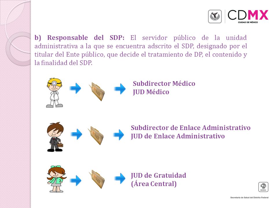b) Responsable del SDP: El servidor público de la unidad administrativa a la que se encuentra adscrito el SDP, designado por el titular del Ente público, que decide el tratamiento de DP, el contenido y la finalidad del SDP.