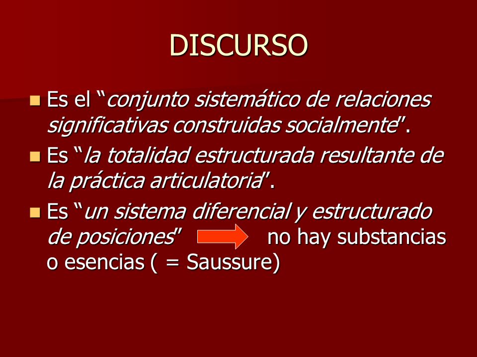 DISCURSO Es el conjunto sistemático de relaciones significativas construidas socialmente .
