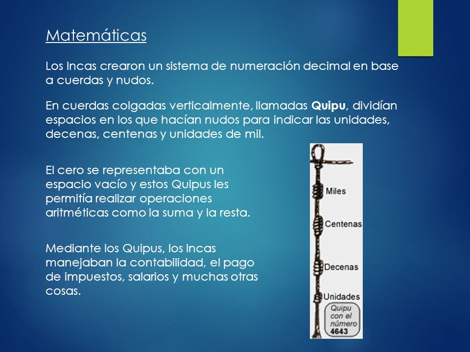Matemáticas Los Incas crearon un sistema de numeración decimal en base a cuerdas y nudos.