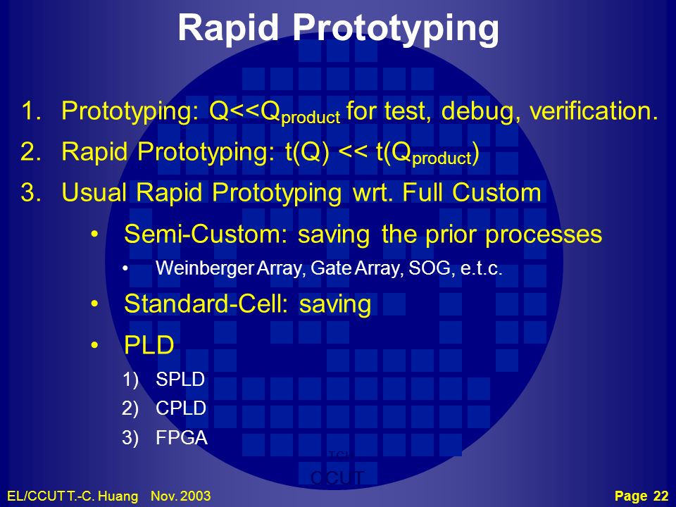Rapid Prototyping Prototyping: Q<<Qproduct for test, debug, verification. Rapid Prototyping: t(Q) << t(Qproduct)