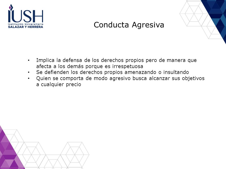 Conducta Agresiva Implica la defensa de los derechos propios pero de manera que afecta a los demás porque es irrespetuosa.