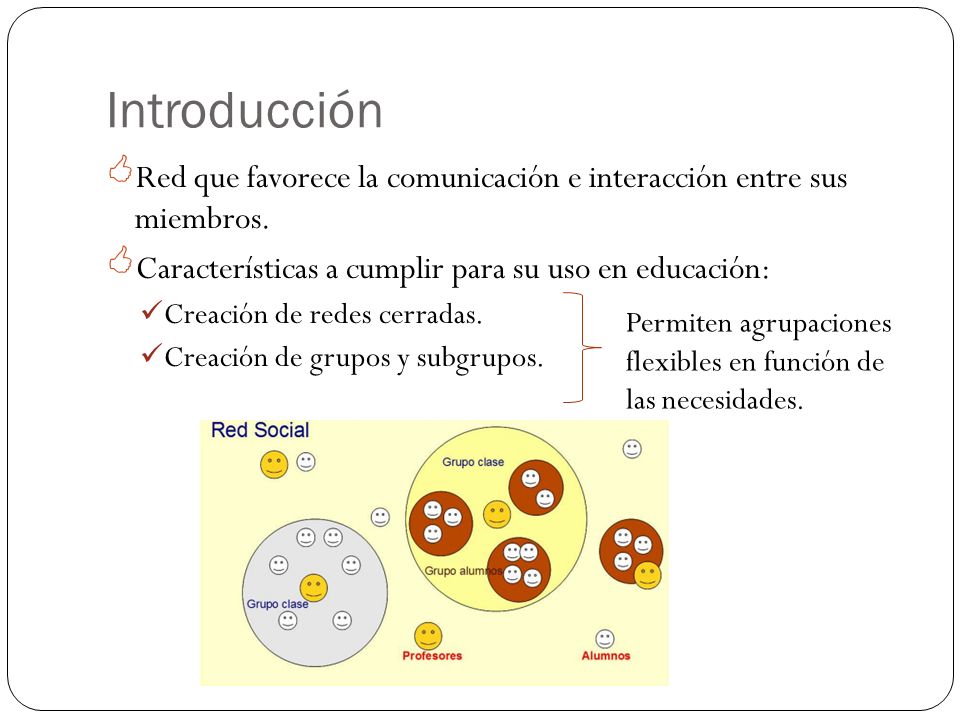 Introducción Red que favorece la comunicación e interacción entre sus miembros. Características a cumplir para su uso en educación: