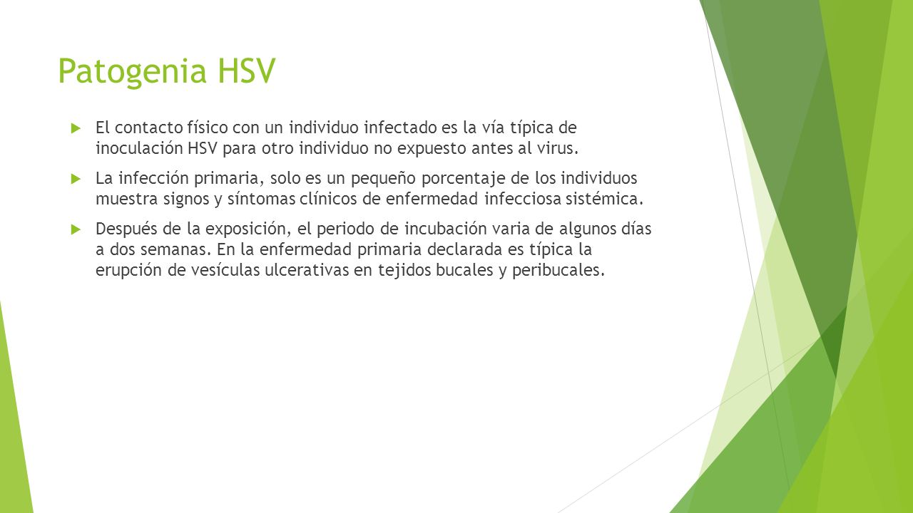 Patogenia HSV El contacto físico con un individuo infectado es la vía típica de inoculación HSV para otro individuo no expuesto antes al virus.