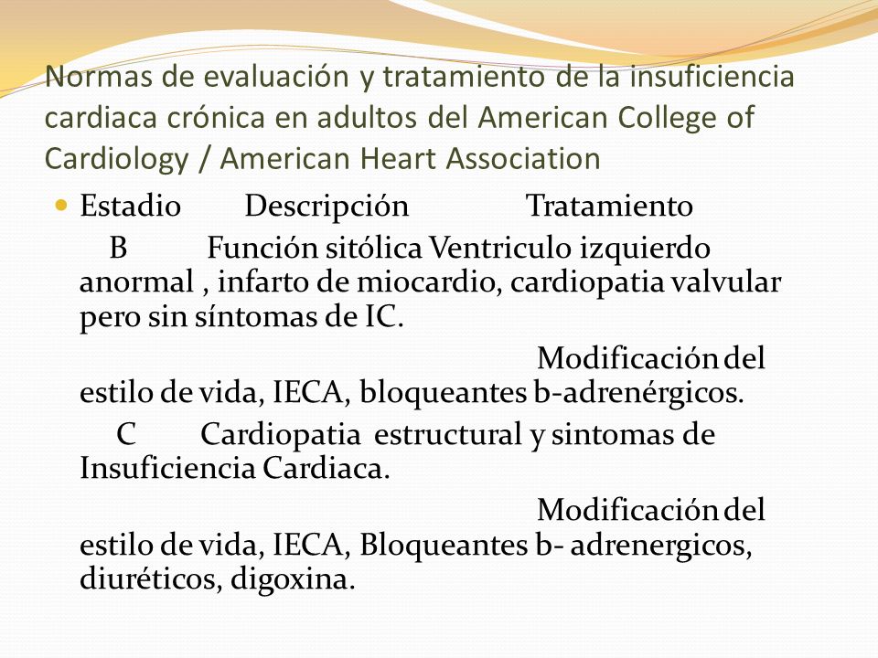 Normas de evaluación y tratamiento de la insuficiencia cardiaca crónica en adultos del American College of Cardiology / American Heart Association