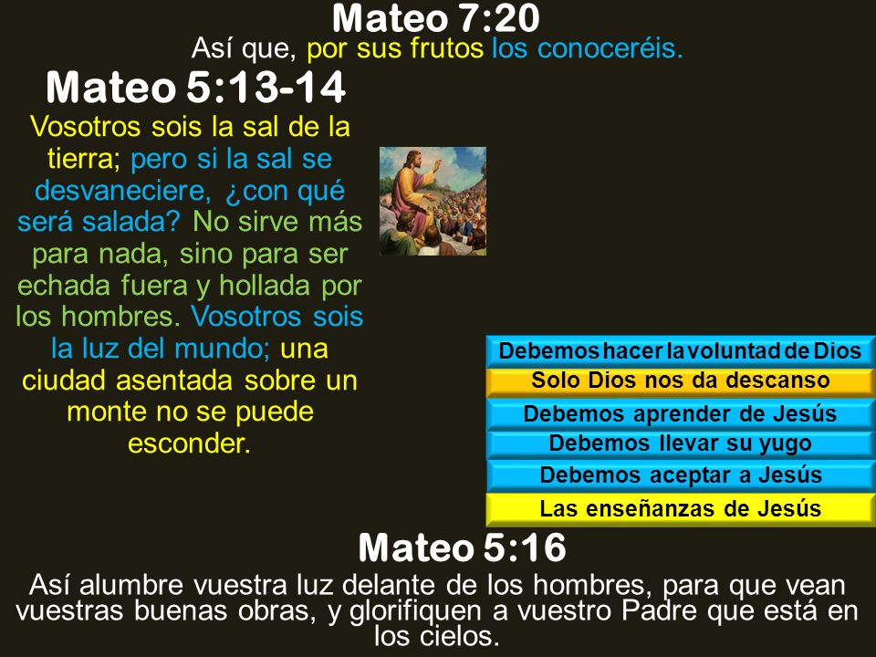 Mateo 7:20 Así que, por sus frutos los conoceréis. Mateo 5: