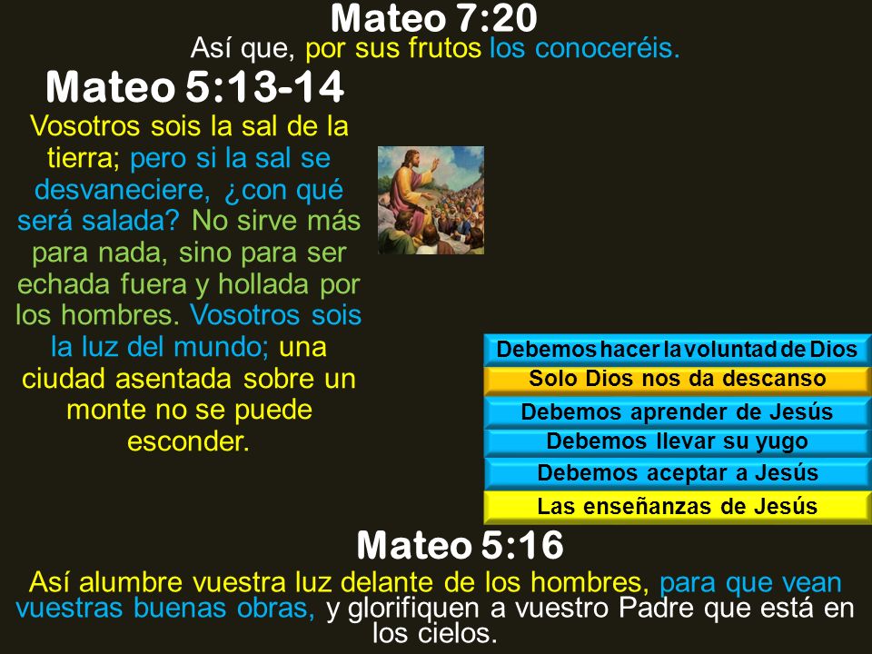 Mateo 7:20 Así que, por sus frutos los conoceréis. Mateo 5: