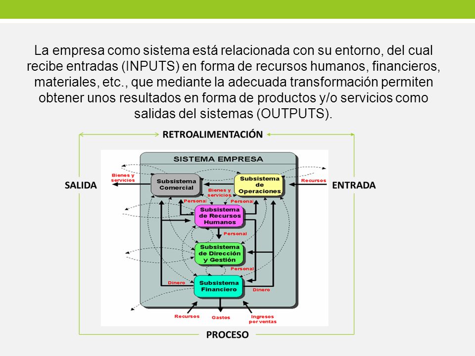 La empresa como sistema está relacionada con su entorno, del cual recibe entradas (INPUTS) en forma de recursos humanos, financieros, materiales, etc., que mediante la adecuada transformación permiten obtener unos resultados en forma de productos y/o servicios como salidas del sistemas (OUTPUTS).