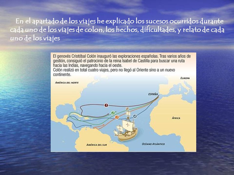 En el apartado de los viajes he explicado los sucesos ocurridos durante cada uno de los viajes de colon, los hechos, dificultades, y relato de cada uno de los viajes