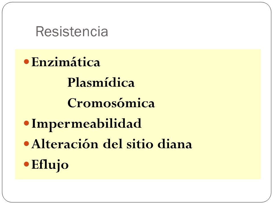 Resistencia Enzimática Plasmídica Cromosómica Impermeabilidad Alteración del sitio diana Eflujo