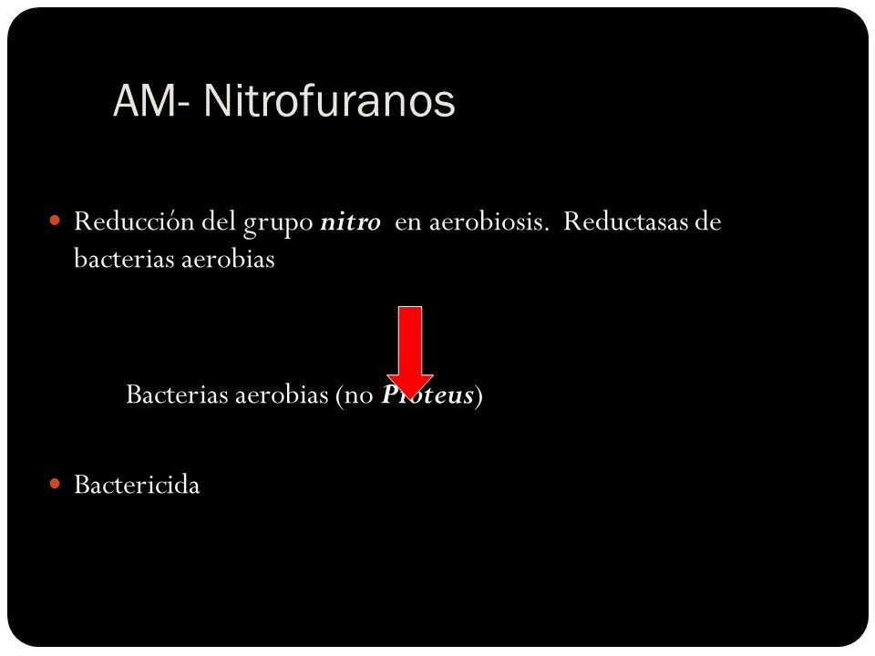 AM- Nitrofuranos Reducción del grupo nitro en aerobiosis. Reductasas de bacterias aerobias. Bacterias aerobias (no Proteus)