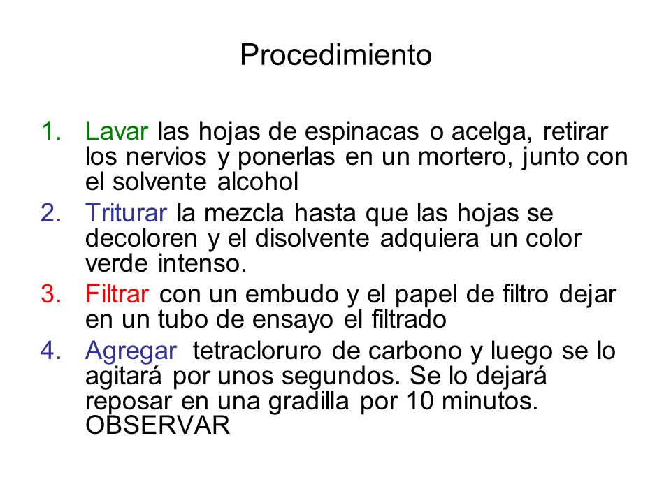Procedimiento Lavar las hojas de espinacas o acelga, retirar los nervios y ponerlas en un mortero, junto con el solvente alcohol.
