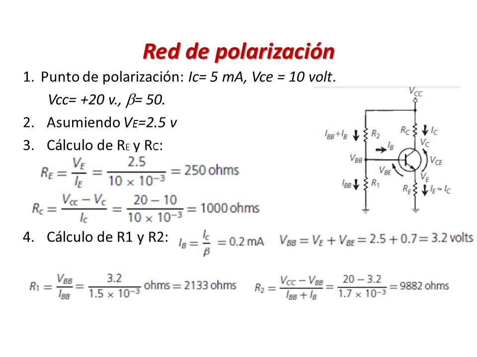 Red de polarización Punto de polarización: Ic= 5 mA, Vce = 10 volt.