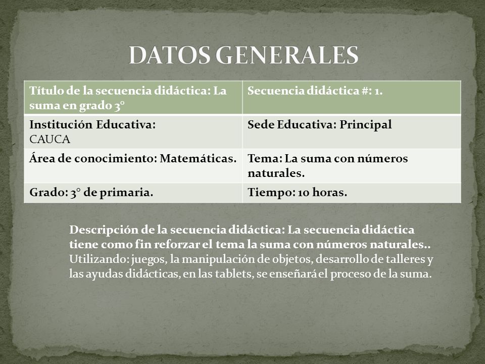DATOS GENERALES Título de la secuencia didáctica: La suma en grado 3°