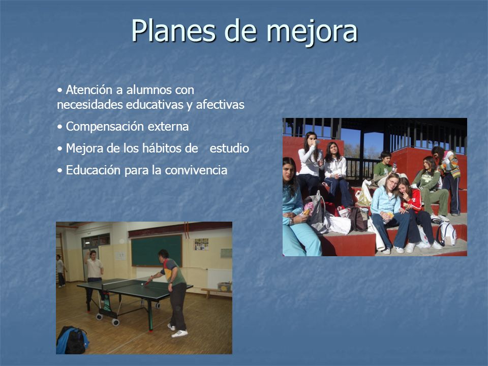 Planes de mejora Atención a alumnos con necesidades educativas y afectivas. Compensación externa. Mejora de los hábitos de estudio.