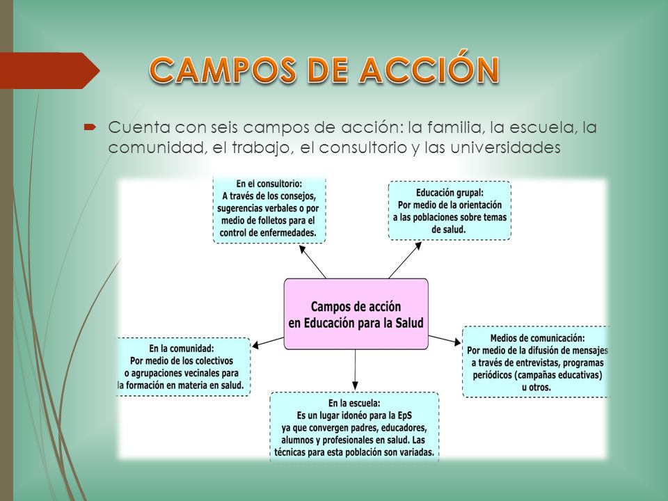 CAMPOS DE ACCIÓN Cuenta con seis campos de acción: la familia, la escuela, la comunidad, el trabajo, el consultorio y las universidades.