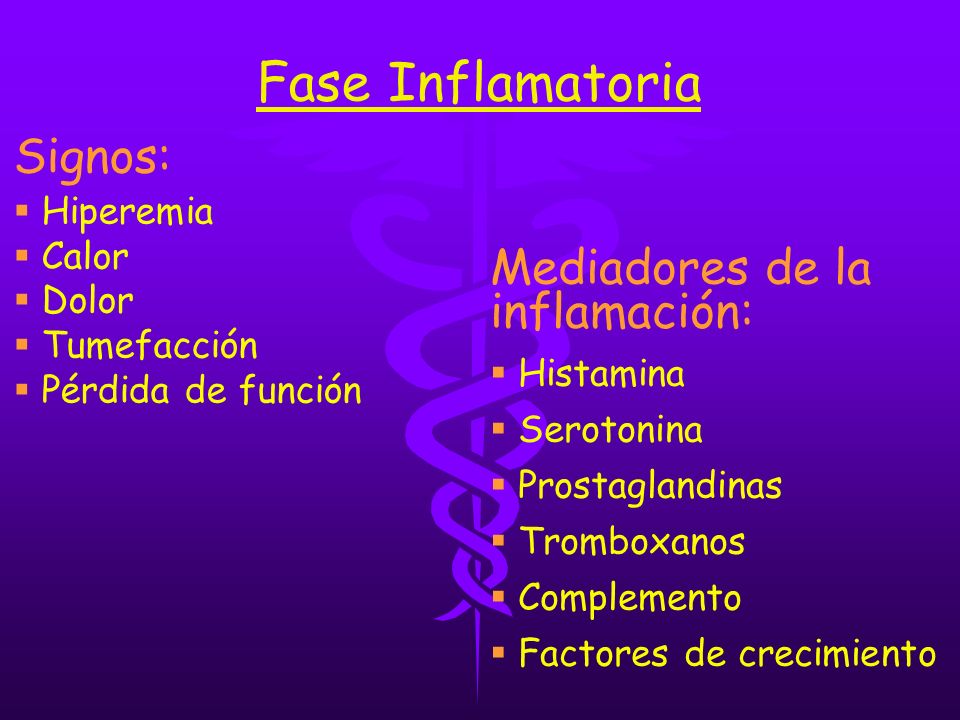 Fase Inflamatoria Signos: Mediadores de la inflamación: Hiperemia