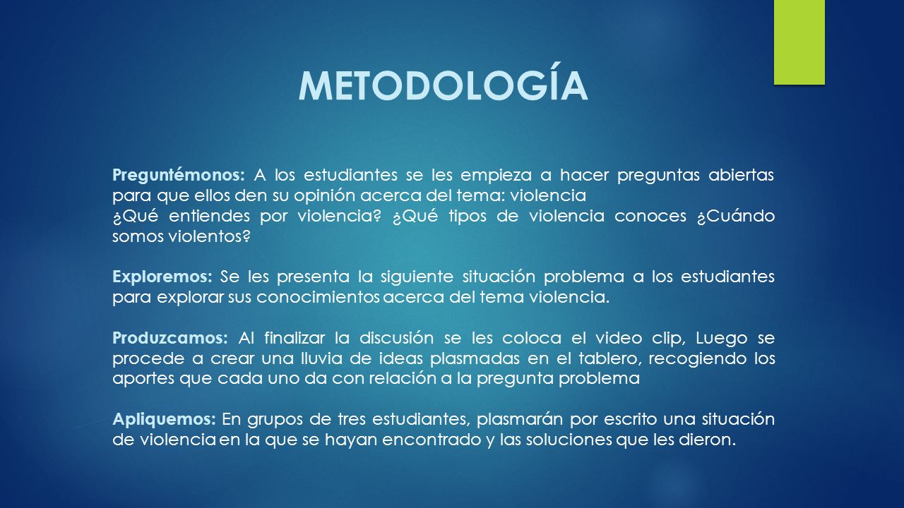 METODOLOGÍA Preguntémonos: A los estudiantes se les empieza a hacer preguntas abiertas para que ellos den su opinión acerca del tema: violencia.