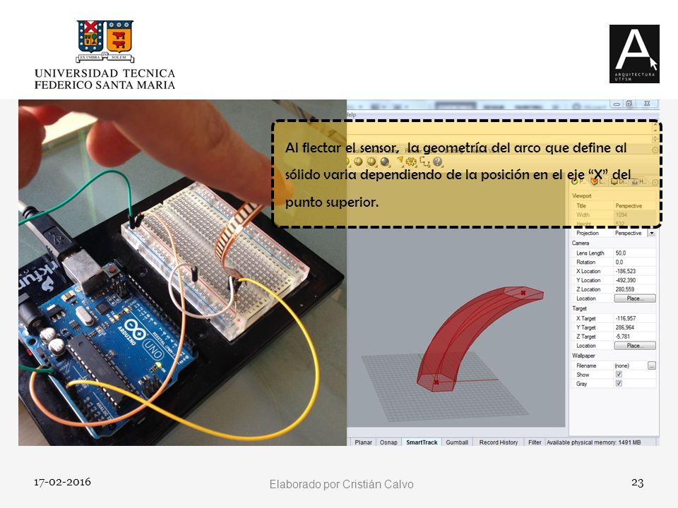 Al flectar el sensor, la geometría del arco que define al sólido varia dependiendo de la posición en el eje X del punto superior.