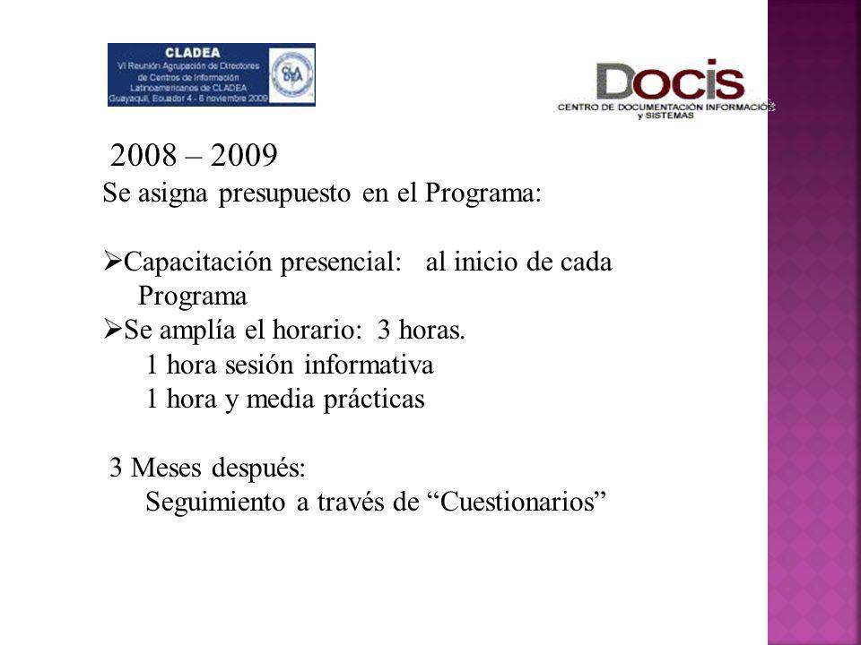 2008 – 2009 Se asigna presupuesto en el Programa: