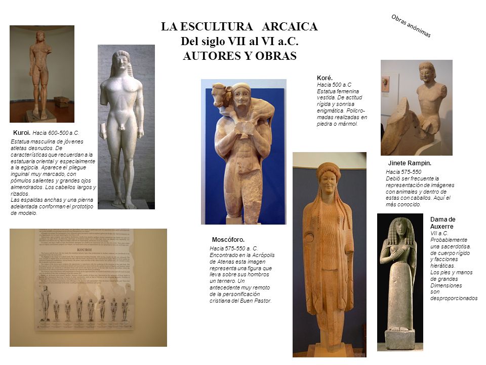 LA ESCULTURA ARCAICA Del siglo VII al VI a.C. AUTORES Y OBRAS