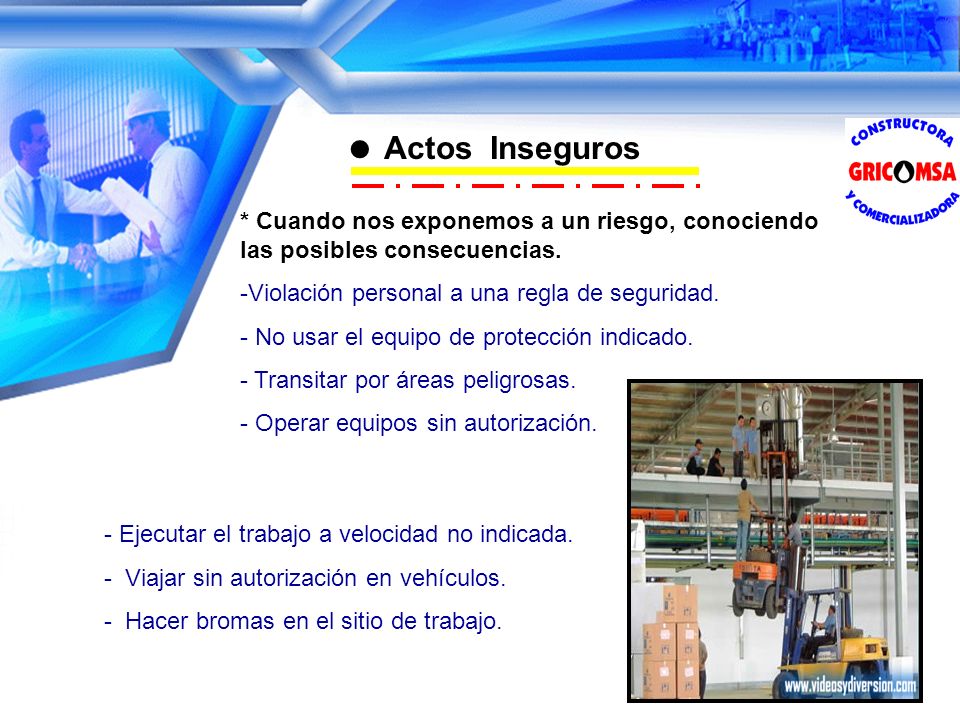  Actos Inseguros * Cuando nos exponemos a un riesgo, conociendo las posibles consecuencias. Violación personal a una regla de seguridad.